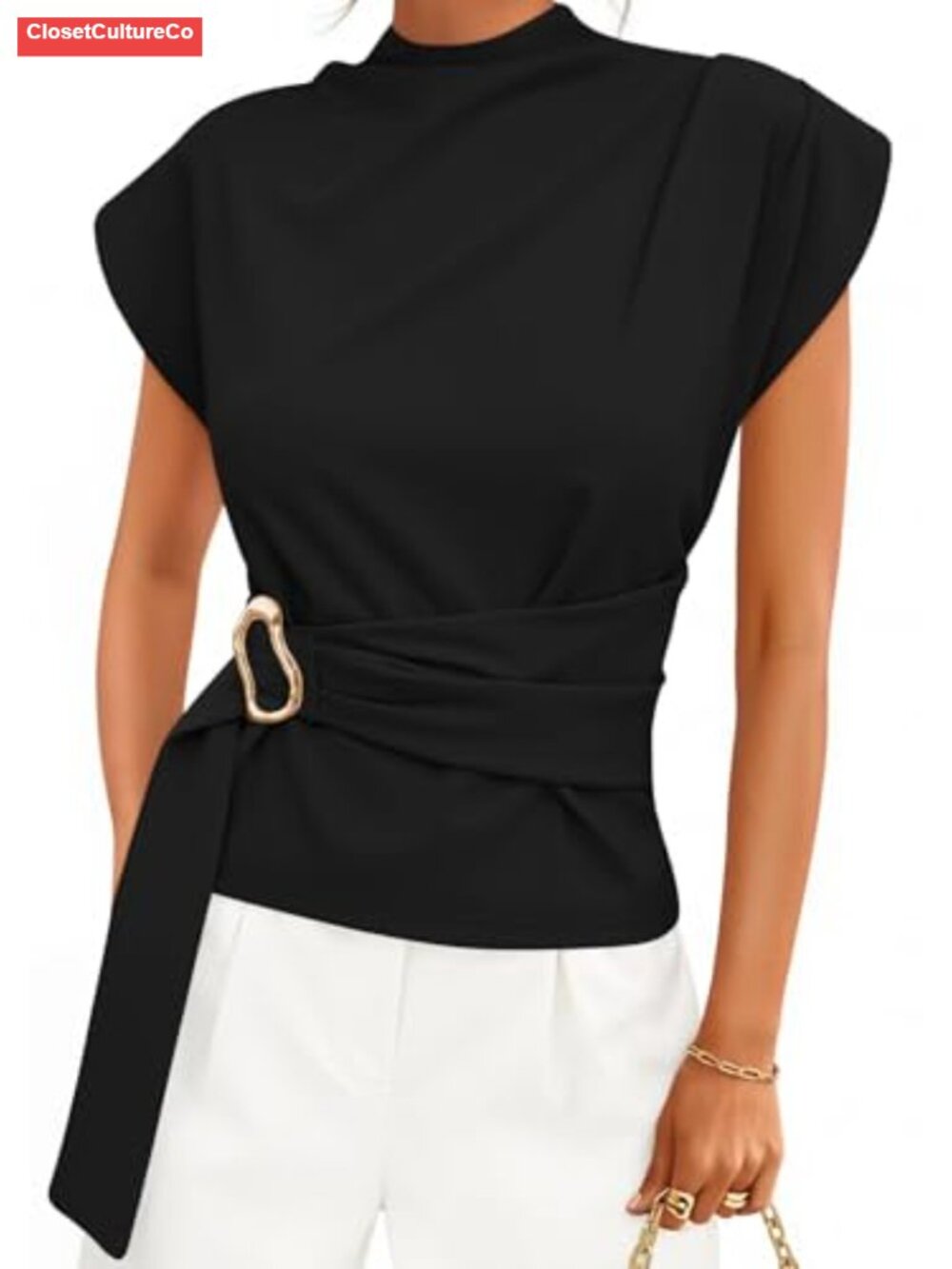 Mock Neck Cap Sleeve Blouse with Waist Belt Business Casual Work Top